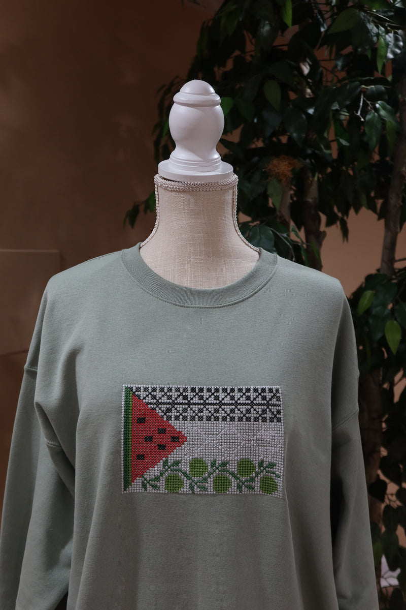 Palestinian Tatreez Flag Embroidered Crewneck