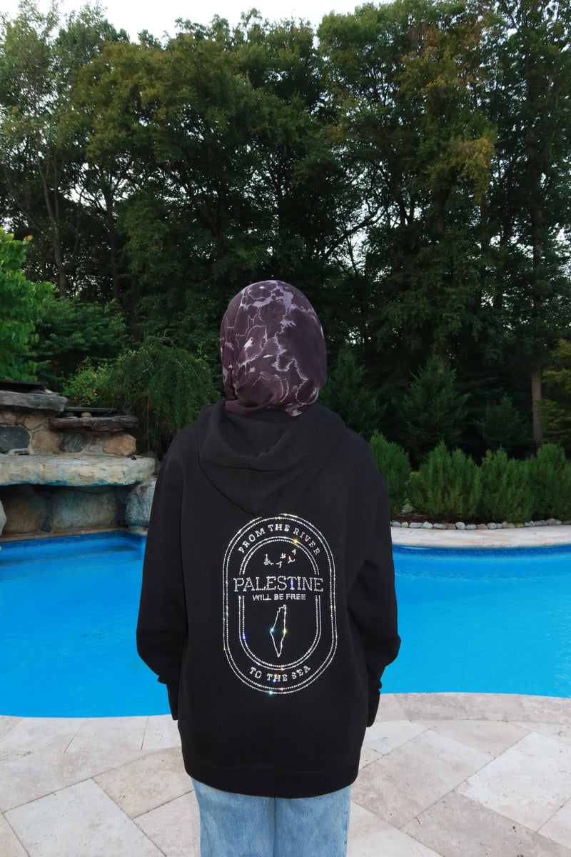 From the River to the Sea Unisex Midweight Hoodie made with Swarovski Rhinestones