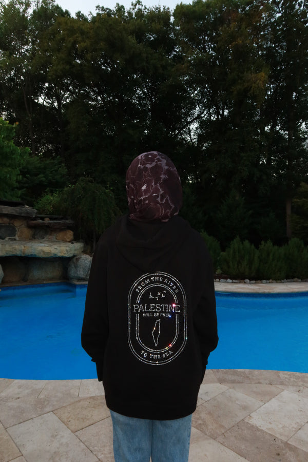 From the River to the Sea Unisex Midweight Hoodie made with Swarovski Rhinestones