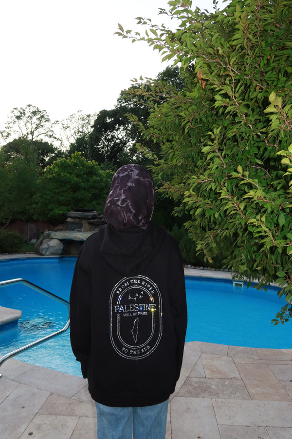 From the River to the Sea Unisex Midweight Hoodie made with Swarovski Rhinestones