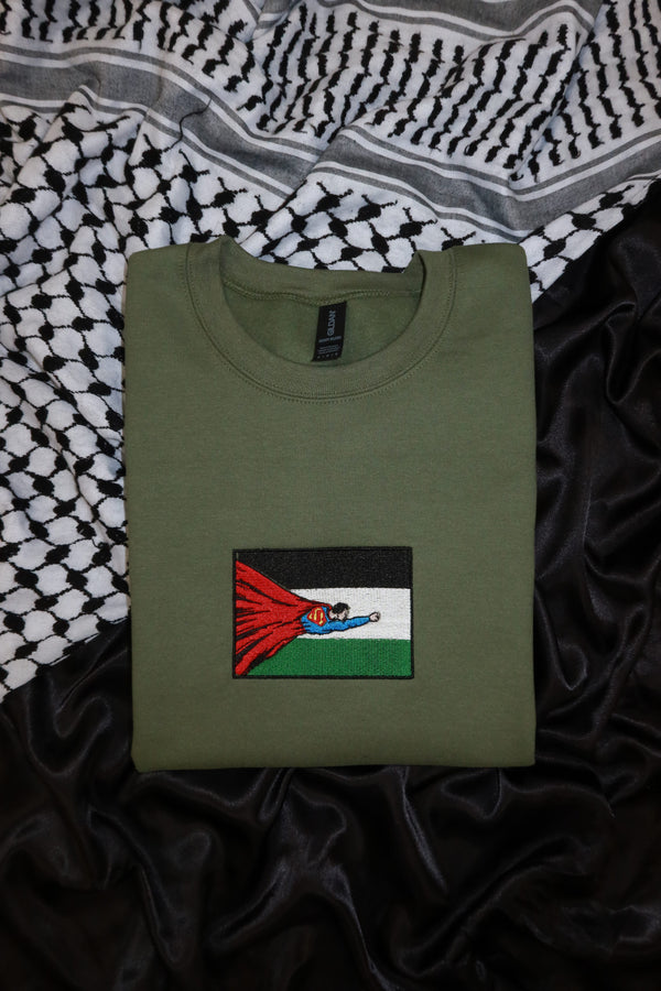 Superman Inspired Palestinian Flag Embroidered Crewneck
