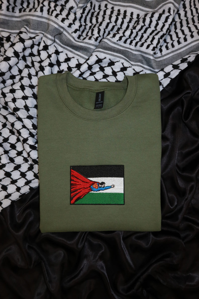 Superman Inspired Palestinian Flag Embroidered Crewneck