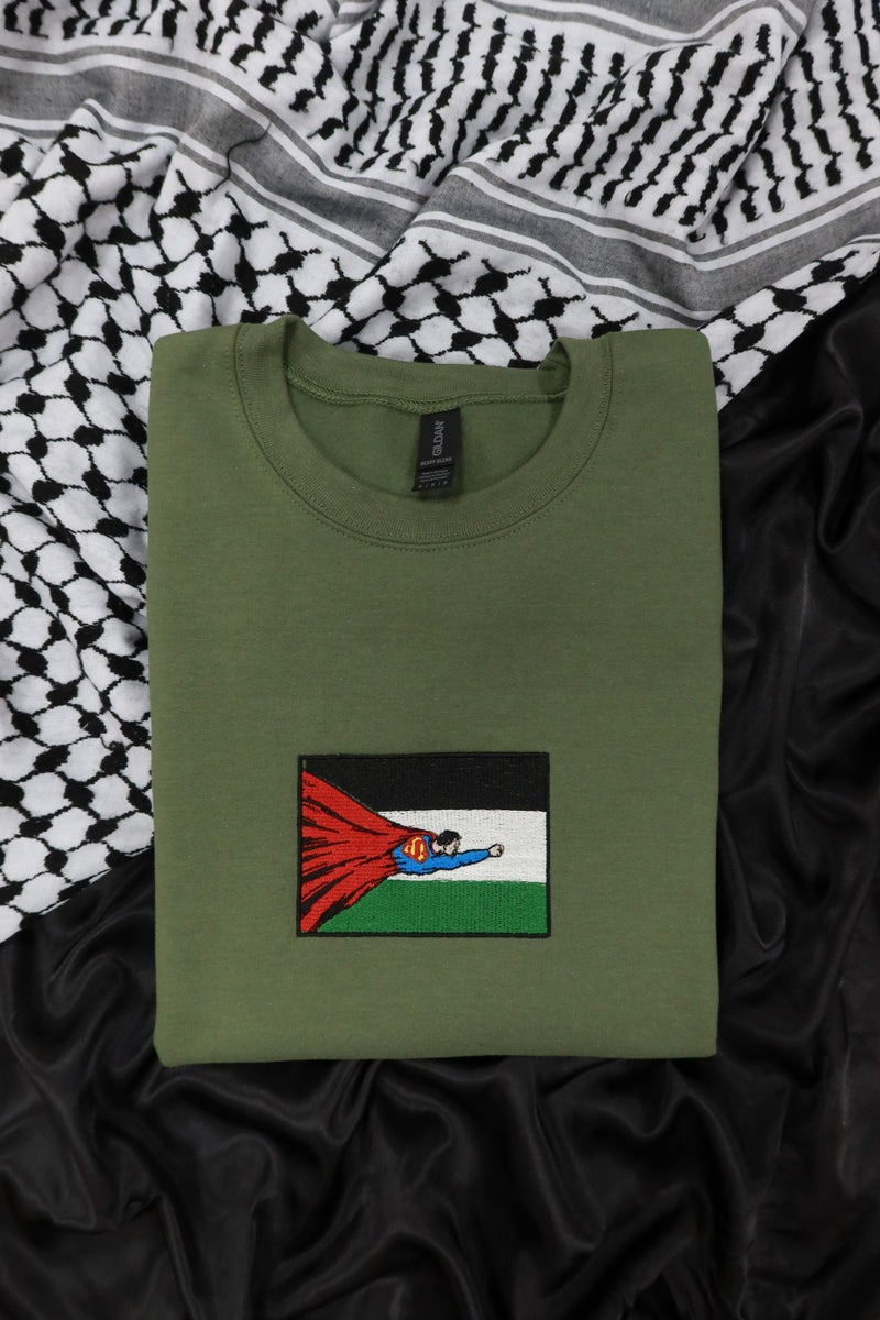 Superman Inspired Palestinian Flag Embroidered Crewneck