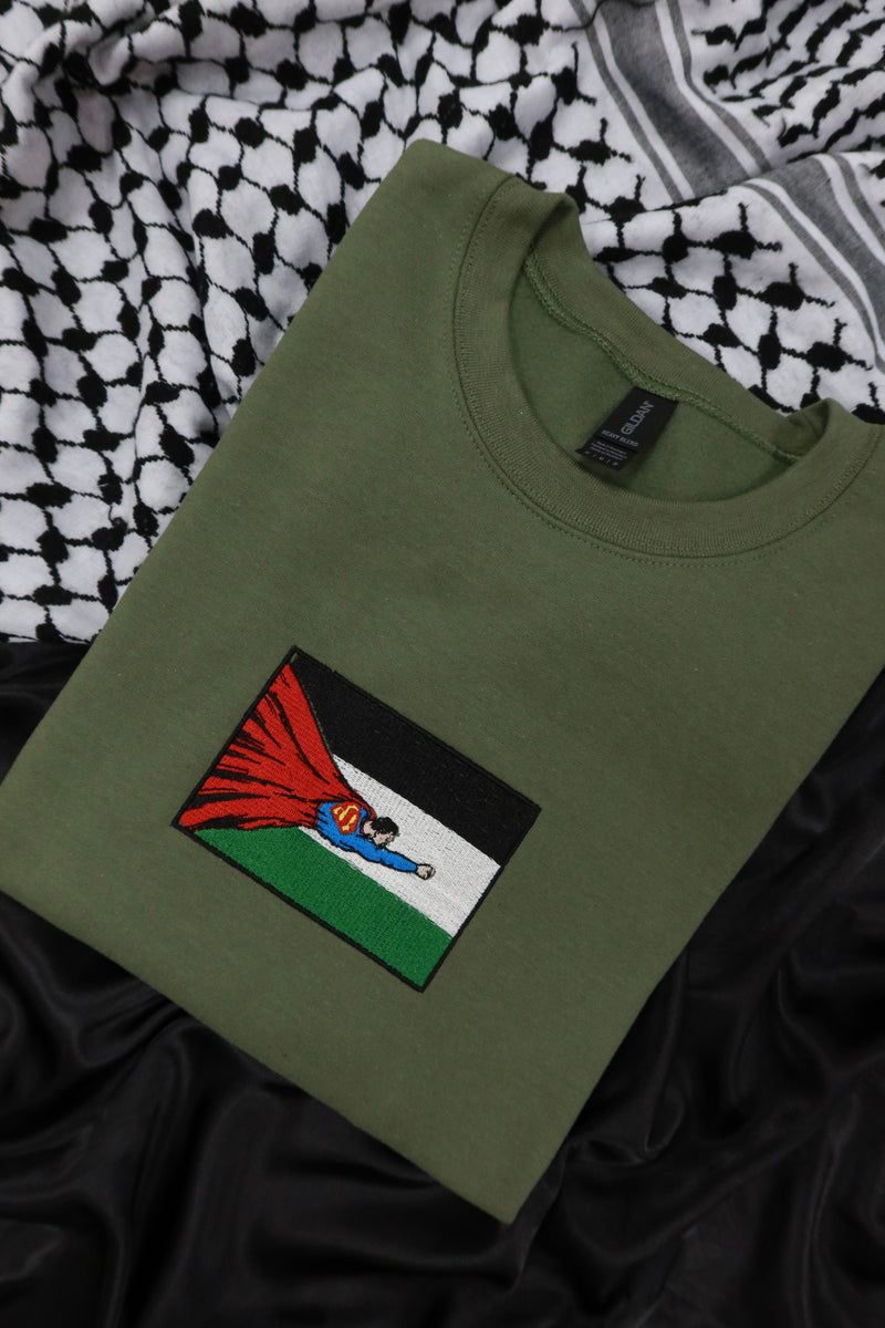 Superman Inspired Palestinian Flag Embroidered Crewneck