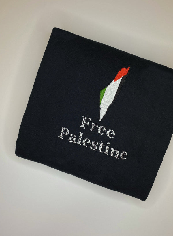 Free Palestine with Kuffaya Pattern Embroidered Crewneck