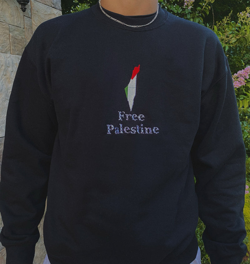 Free Palestine with Kuffaya Pattern Embroidered Crewneck