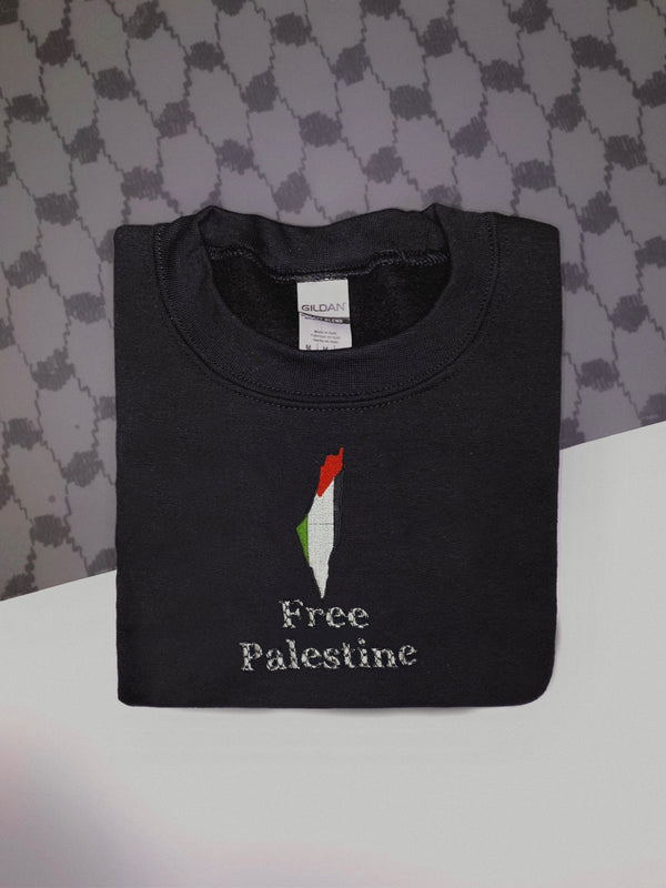 Free Palestine with Kuffaya Pattern Embroidered Crewneck