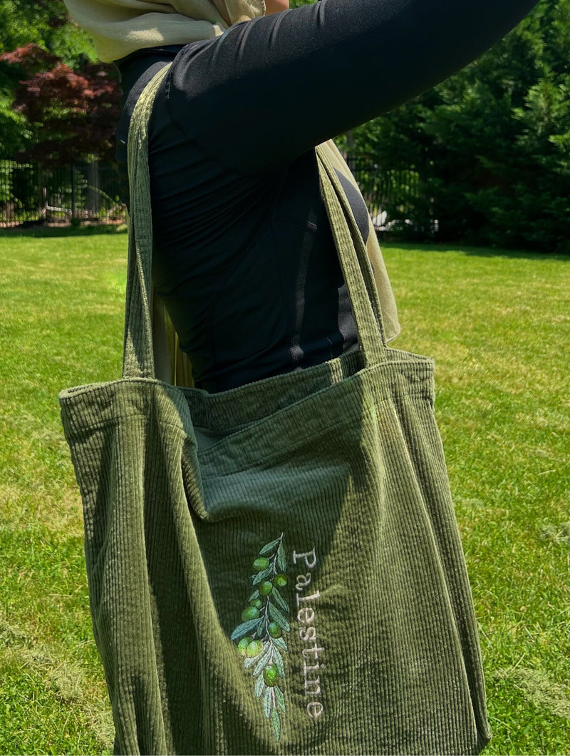 Embroidered Palestinian Olive Tree Branch Tote Bag